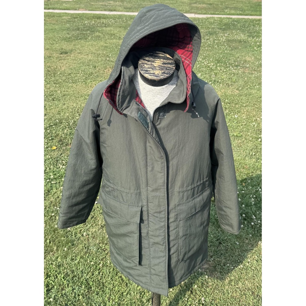 Vintage Woolrich Woman Medium Parka Coat Green Plaid Lined Hooded Thinsulate USA - Picture 2 of 14